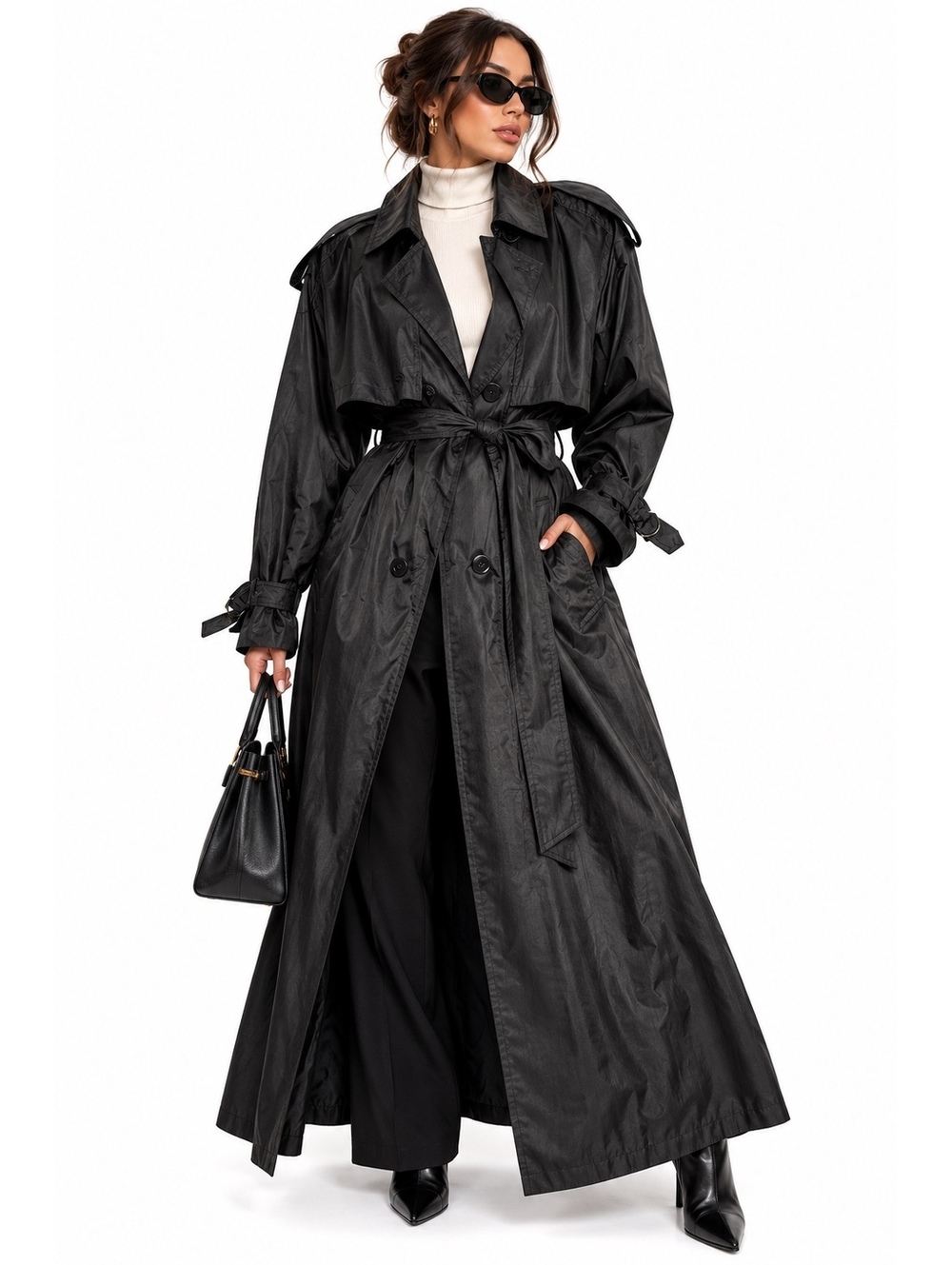 Black Maxi Trench Coat Double Breasted Belted Dark Academia